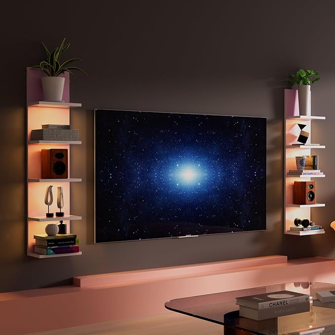 Homaterial 5 Tier Wall Shelf Unit,Modern Vertical Lack Wall Shelves with Light, Wall Mount, Floating Column Home Decor Shelves for Bedroom, Living Room, Vanity Storage Display(Pink)