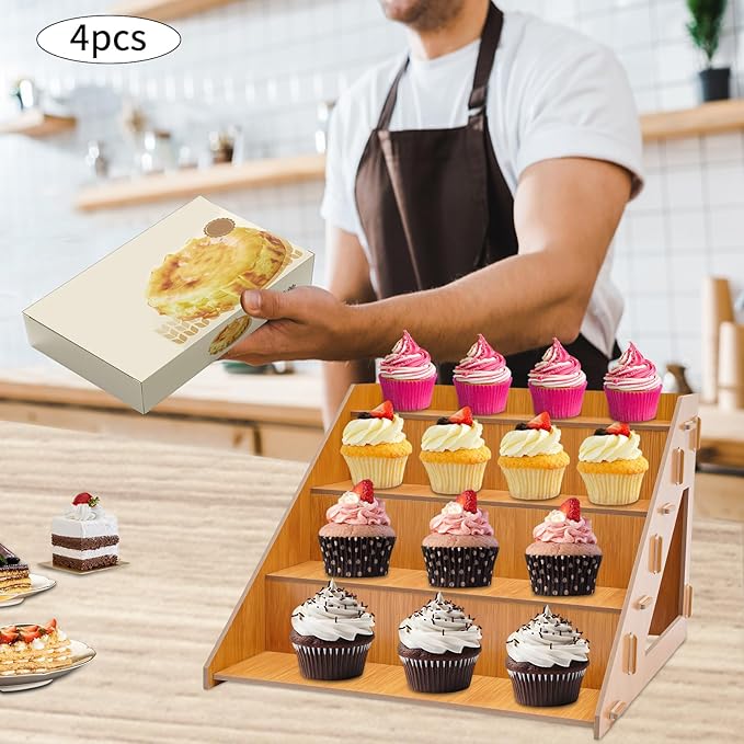 Wooden Display Riser Stand, 4 Set 4-Tier Cupcake Organizer Stand with Prevent Falling Edge, Cupcake Stands Shelf Holder for Candles, Skincare and Makeup