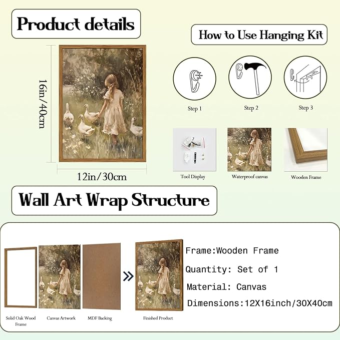 Framed Vintage Wall Art, Rustic Cute Girl with Duck Pictures Wall Decor, Farmhouse Cottagecore Paintings Country Nature Animal Canvas Prints for Living Room Bedroom Home 12x16 inch