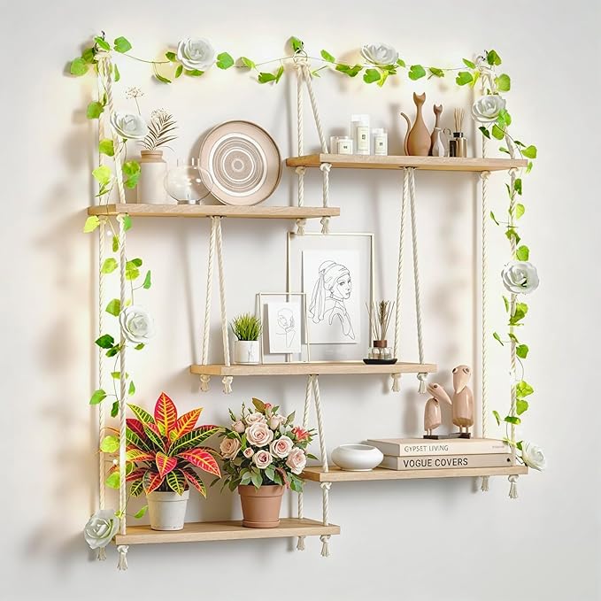 5 Tier Hanging Wall Shelves, Boho Rope Hanging Plant Stand with LED Vine Lights, Rustic Wood Floating Shelves Organizer for Bedroom Kitchen Living Room Wall Decor (Five-Tier Rope Rack)