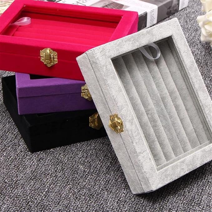 Cosmetic Jewelry Storage Box, Jewelry Display Box Tray Glass Ring Storage Jewelry Box Organizer/Velvet Rings Earrings Display with Lid