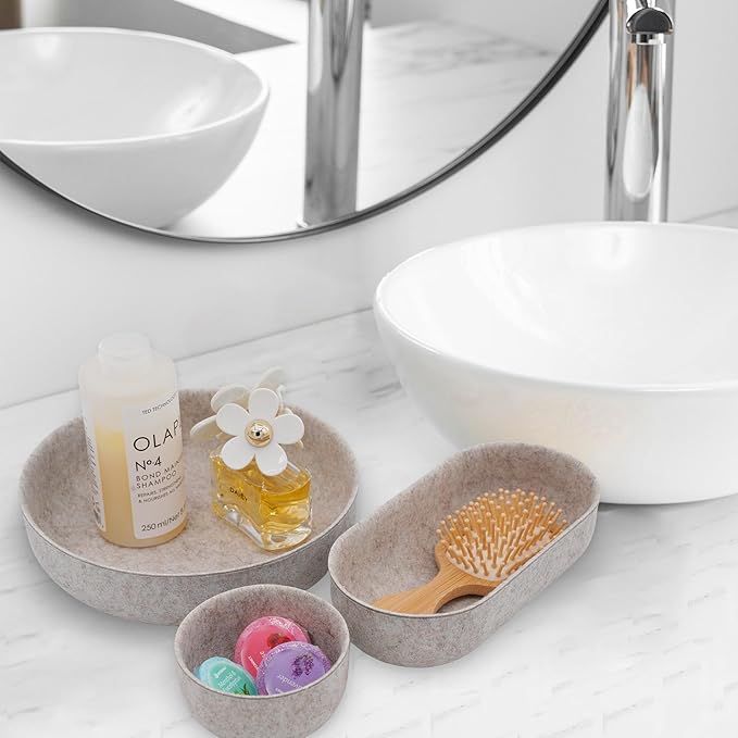Welaxy EDC Cathall Desk Organizer felt bowls round stylish nightstand multi tray Entryway Bedside Caddy for Keys Phone Wallet Watch Glasses Pens minimalist living 3-Piece (Oatmeal)