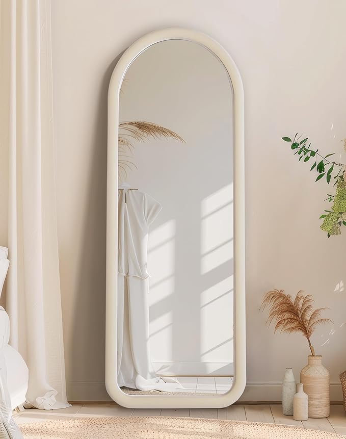 Delma Arched Full Length Mirror, Free Standing Floor Velvet Finish Frame Mirror for Leaning or Hanging, Soft Touch Bedroom & Living Room Decor, Cream White