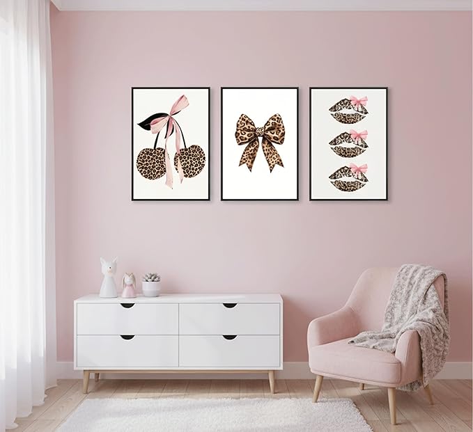 YZLYAD 3Pcs Trendy Leopard Print Wall Art,Fashion Bow Cherry Lips Y2k Poster Pictures,Stylish Preppy Aesthetics Girls' Rooms Canvas Wall Decor for Bedroom Dorm Apartment.24x16in Unframe