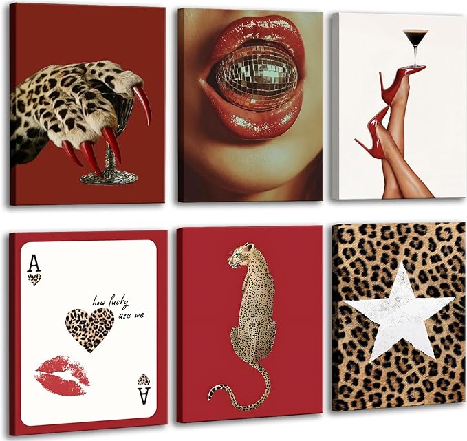 6pcs Trendy Red Fashion Leopard Wall Art Funky Lucky Wall Decor Ace Of Hearts Spades Poker Canvas Prints Vintage Room Aesthetic Pictures Posters Cheetah Painting for Girly Apartment Dorm Framed