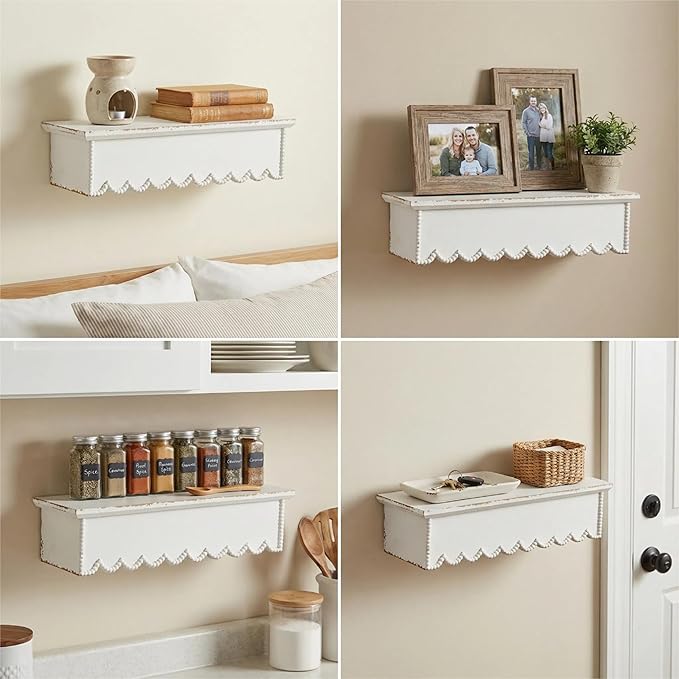SOFE Rustic Wood Shelves for Wall - Shelf for Bedroom Bathroom Kitchen Small - White Scalloped Shelves - Bookshelf Storage Organizer - Plant Collectibles Display Shelving Wall Mounted
