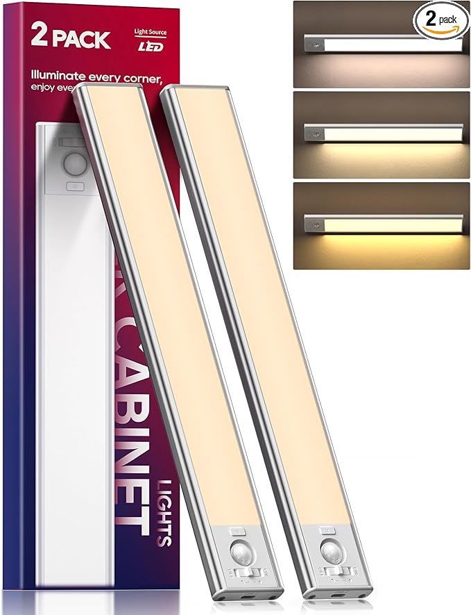 Under Cabinet Lighting, 2 Pack 13 Inch 3 Color Temperatures Motion Sensor Light indoor, USB Rechargeable Under Cabinet Lights, Stick-On Magnetic Closet Light, Wireless Under Counter Lights for Kitchen