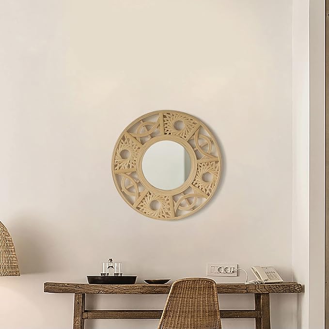 Vintiquewise Boho Bamboo Hanging Wall Mirror, Round Asymmetrical Vintage Rattan Mirror for Wall Decor, Nursery, Living Room, Playroom, Unique Small Coastal Mirror
