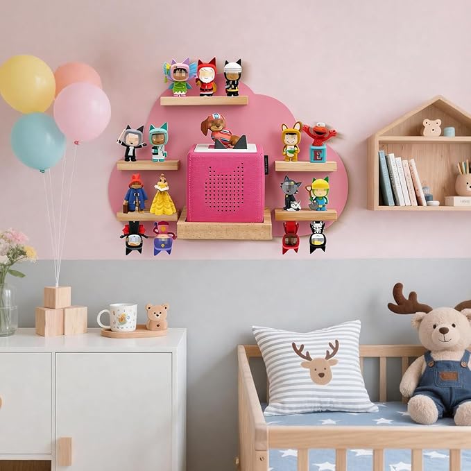 Cloud Toines Shelf, for TonieBox 1 and 2 Tonies Wall Floating Shelf Storage for 12-20 Toine Figures Characters Wall Shelf Magnetic for Tonies Toniebox, Charging Station, Kids Play Room (Pink 2)