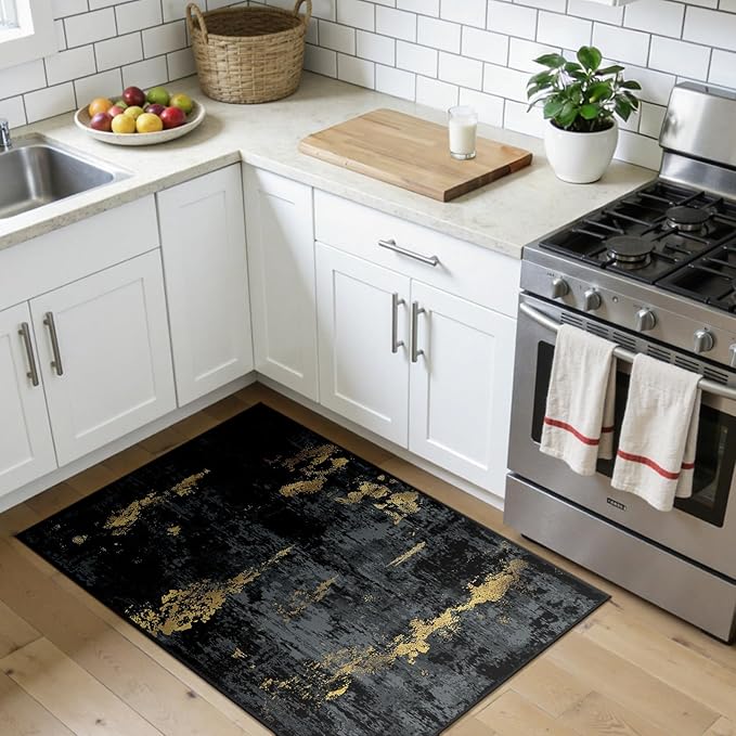 RELEANY Washable Area Rugs 3x4 Non-Slip Modern Abstract Soft for Living Room Entryway Bedroom Nursery, Print Pattern, Dark Black Gold