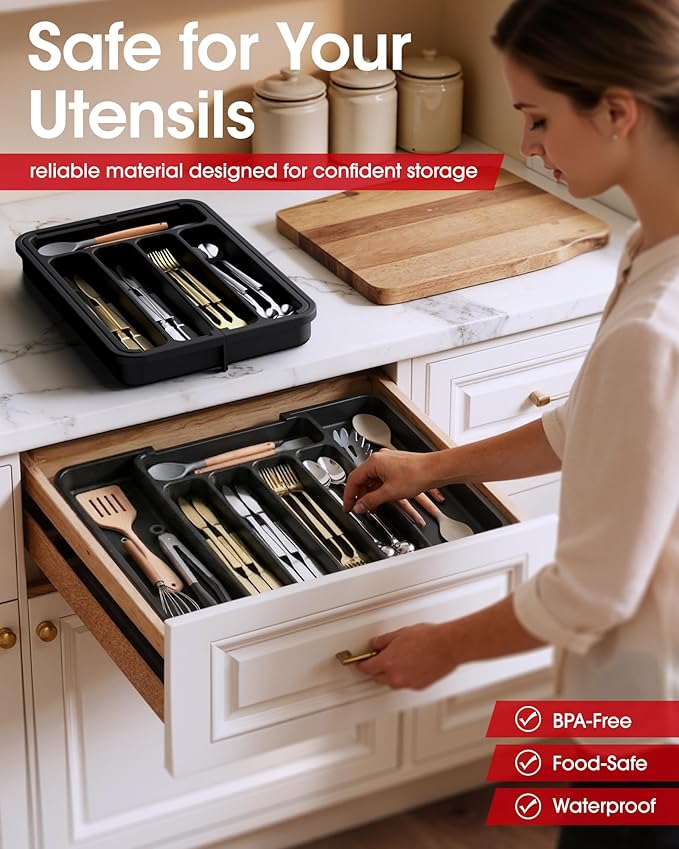 Aujen Silverware Organizer - Expandable Kitchen Drawer Organizer, Adjustable Utensil Organizer, Cutlery Tray for Forks, Knives, Multipurpose Kitchen Organizers and Storage Solution, Black, Medium