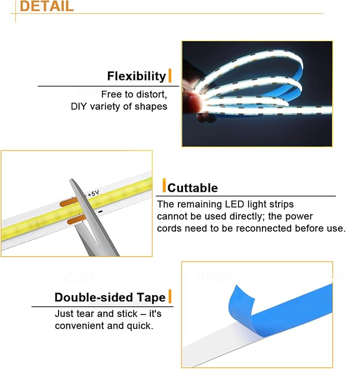 5V USB LED Strip Lights, 3.28FTx2 COB Light Strip White, Short LED Strip Light, Flexible Bright 3Key 5V Led Strip for Under Cabinet, Kitchen, TV Backlight, Shelves, Displays and TV Lights