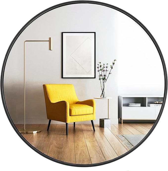 Oruii Round Mirror, Black Round Mirror 24 inch, Circle Wall Mirrors Metal Frame, Circular Mirrors for Wall, Living Room, Bathroom, Vanity, Entryway, Hallway.