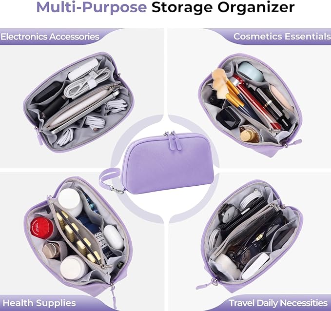 FYY Travel Cable Organizer - 8 Compartments Lightweight Water Resistant Tech Pouch with Wrist Strap, Portable Electronic Accessories Case for Cord Charger Storage for Travel Home Office Purple (Small)