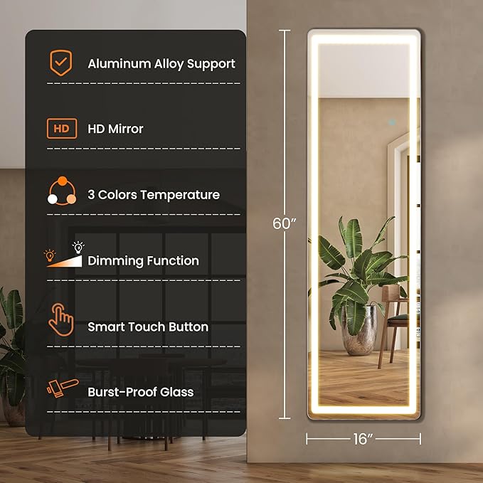 NEWBULIG Full Length Mirror, Full Body Floor Mirror with Aluminum Alloy Thin Frame, Wall or Standing Mirror for Bedroom, Living Room, Dressing Room