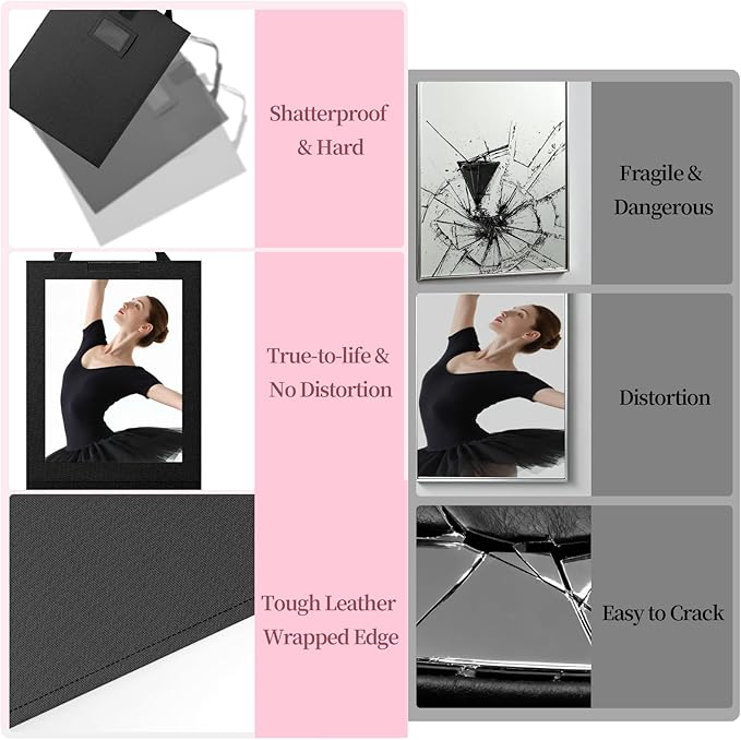 Shinowa Foldable Portable Full Length Mirror for Dancer, Camping and Travel, Shatter-Proof Acrylic Hanging Mirror with Handle, 33x13 Inch Full Body Travel Backstage Mirror, Black