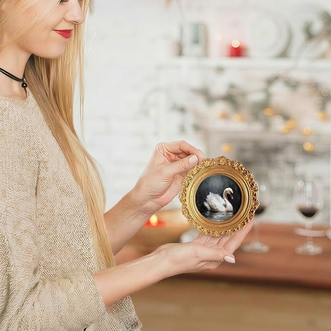 Small Vintage Swan Round Picture Frame Wall Decor, Dark Goose Gold Mini Ornate Photo Frame for TableTop Desk 2.7in Photo, Rustic Framed Artwork for Walls Office Bedroom Shelf