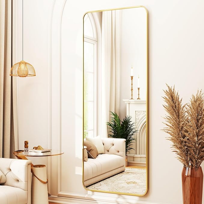 XRAMFY Full Length Mirror 23"x66", Large Floor Mirror with Rectangle Rounded Corners, Gold Aluminum Alloy Frame, Wall Mirror for Full Body