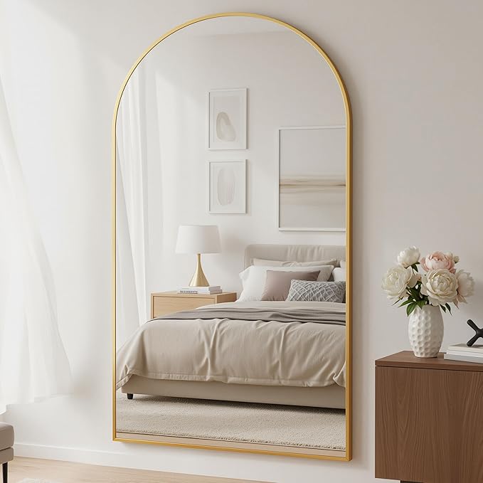 Full Length Mirror, 76"x44" Arched Floor Mirror Freestanding, Floor Standing Full Body Mirror with Stand for Bedroom, Hanging Mounted for Living Room Cloakroom, Gold
