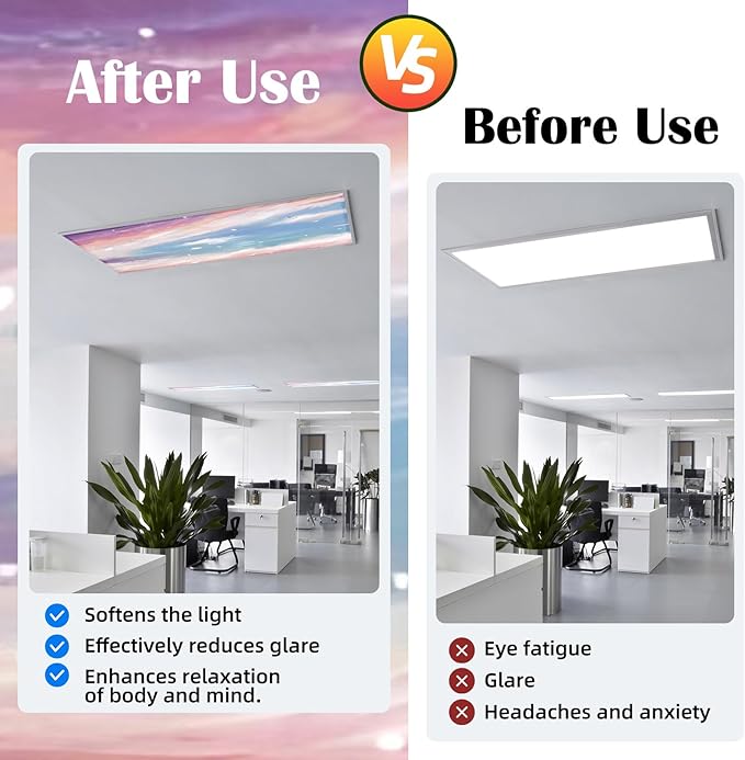 ANGSYLTH 2 Pcs Fluorescent Light Covers - 4 x 2 Feet Covers for Ceiling Lights, Magnetic Light Filters for Classroom, Office, Hospitals, Home (Sunset Glow)