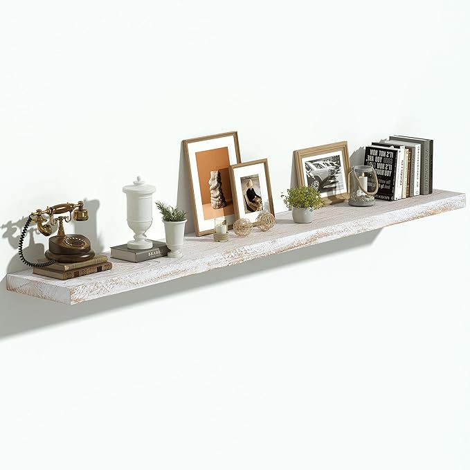Vivelove Elm Wood Floating Shelves, Wooden Shelves for Wall with Invisible Bracket for Living Room Bedroom Bathroom Office Book, Rustic Farmhouse Display Shelf, 55 Inch Set of 1- Weathered White