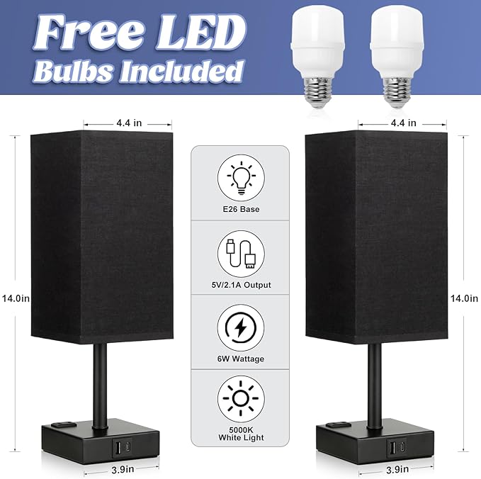 aooshine Black Lamp for Nightstand - Touch Table Lamp with Type C + A and AC Outlet, Square Charging Lamps for Bedroom Decor, Small Night Light for Office, Dorm Lamp for Men, E26 Bulb Included