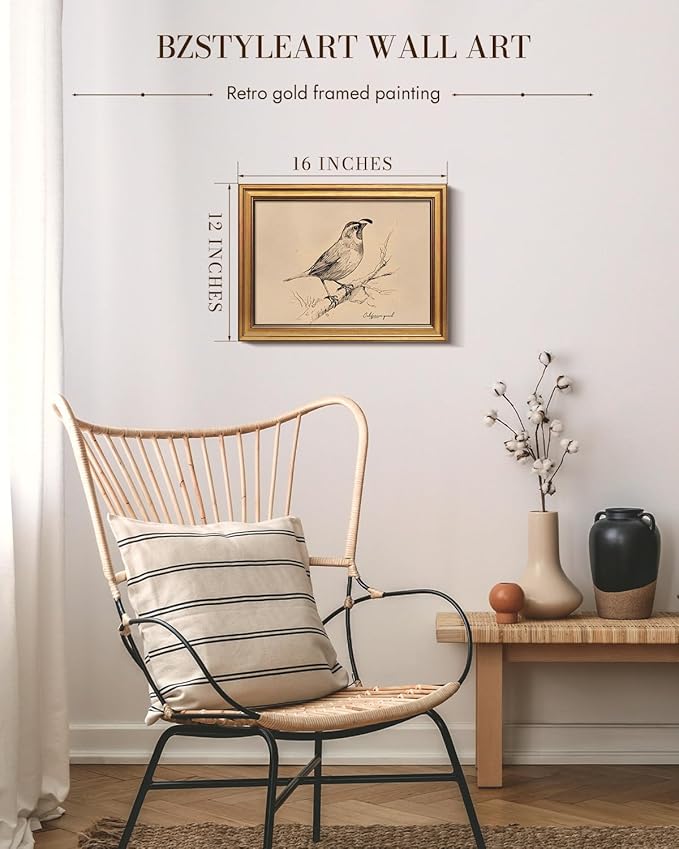 Bzstyleart Vintage Wall Art Decor for Living Room, Vintage Gold Framed Wall Art California State Bird, Framed Sketch Painting, Room Decor Aesthetic, Canvas Prints for Apartment Office, 12L x 16W