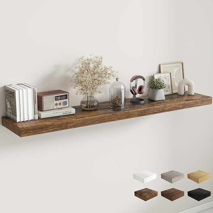 Fun Memories 72 Inch Floating Shelves, 12 Inch Deep Wall Shelf for Fireplace Mantel, Large Display Shelf & Storage Shelf, Wood Floating Wall Shelves for Home & Office, Rustic Brown, Set of 1