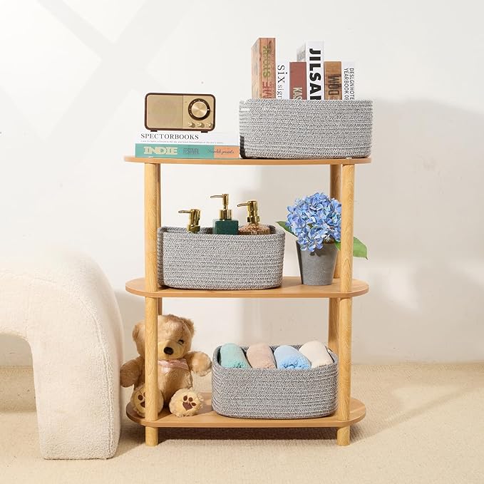 MiniArk Small Storage Baskets for Organizing | Closet Organizer Bins | Shelf Toy Basket | Woven Rope Baskets | Cube Decorative Box | Shallow Basket | 13x8.5x5.1” | 4 Packs Mixed Grey