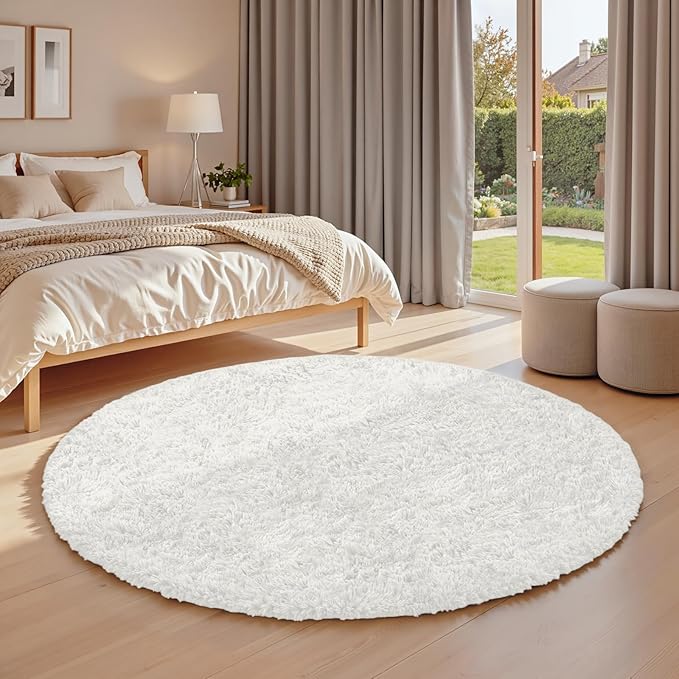 White Round Fluffy Rug 5ft,Soft Bedroom Circle Rugs Mats for Kids Girls Nursery Room,Washable Plush Shaggy Indoor Non Slip Rug for Bedside Living Room Bedroom Circular Carpet,Home Decor Aesthetic