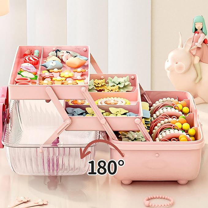 Hair Accessories Organizer for Girls, 3-Layers Foldable Hair Clip Organizer Box with Handle, Multifunctional Storage Box for Headband, Bows, Hairties, Jewelry, Sewing Supplies, Makeup Tool, Craft