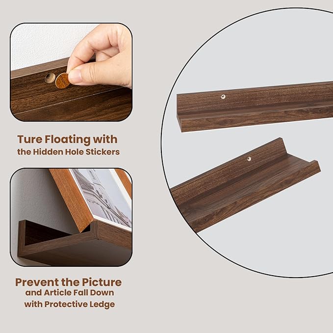 Heimlove Picture Ledge Shelf,24 inch Long Floating Shelves for Wall Set of 4,Picture Shelf with Lip for Wall Decor,Living Room,Bedroom,Bookshelf,Nursery,Perfume,Walnut Color