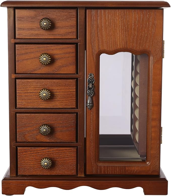 Wooden Jewelry Box, Jewelry Organizer With 5 Drawers Built-in Necklace Carousel and Mirror for Necklaces, Earring, Rings (Dark Wood Color)