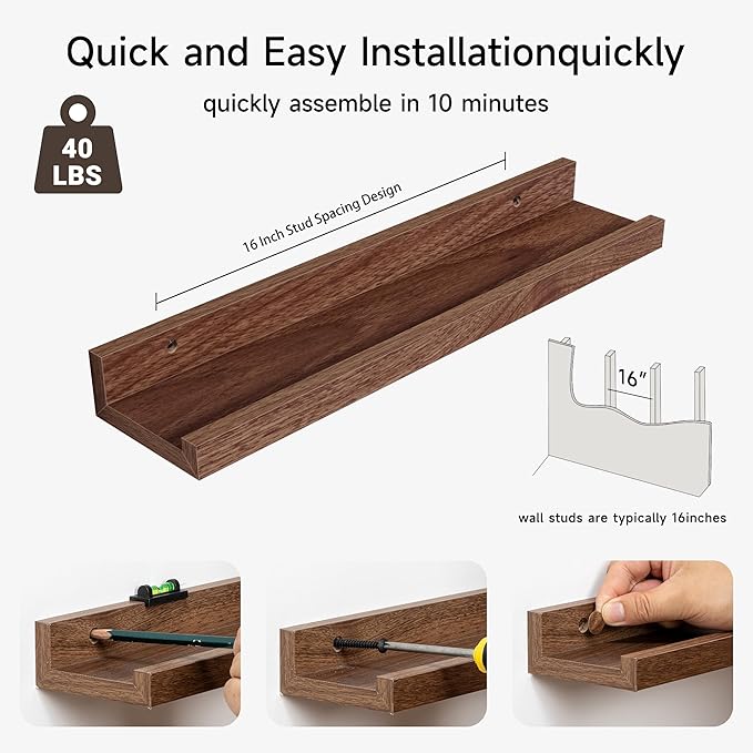Fun Memories Walnut Floating Picture Ledge Shelves for Wall Decor, Wall Mounted Wood Storage Shelf for Bedroom, Living Room, Bathroom, Kitchen, Nursery, Display Picture Ledge Shelf Set of 2-16 Inches