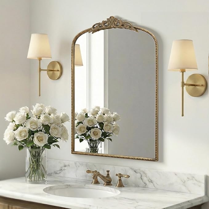 Micasso Ornate Antique Gold Mirror: 24"x 36" French Baroque Arched Mirror - Traditional Vintage Mirrors for Wall/Mantel/Entryway/Bathroom/Hallway - Home Decor for Living Room