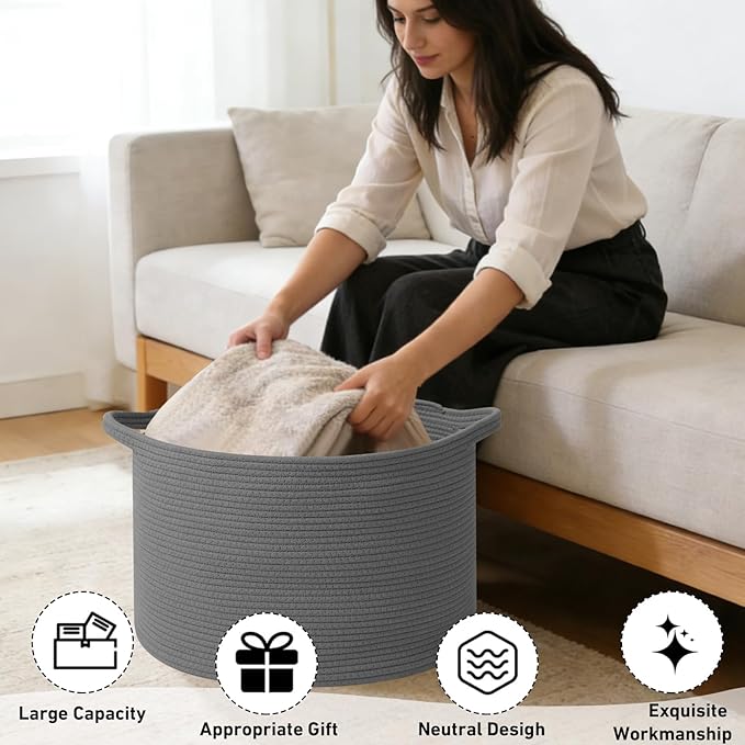 65L Large Blanket Basket, 19.7" L x 19.7" W x 13" H Cotton Rope Woven Storage Basket,Laundry Hamper for Toys, Clothes, Pillows & Towels, Perfect for Living Room, Nursery & Bedroom,Dark Gry