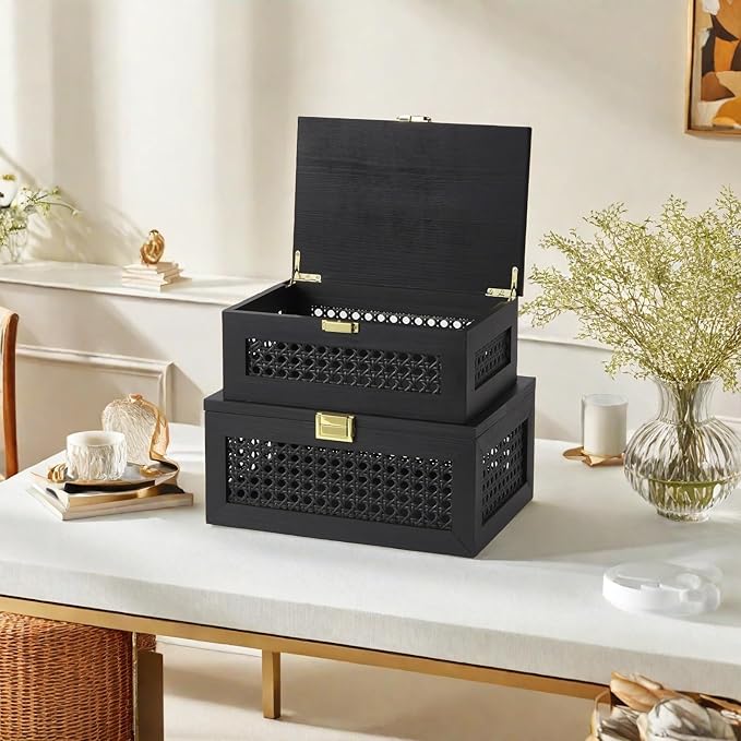 2PCS Decorative Rattan Storage Boxes Solid Wood Baskets Bins with Lid Keepsake Memory Jewelry Box Natural Boho Shelf Wicker Closet Desk Organizer Container (Black, 1 Large 1 Small)