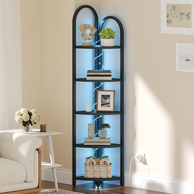 MAHANCRIS 5-Tier Corner Shelf with LED Light, 64.6'' Arched Corner Bookshelf, Narrow Storage Shelf with Metal Frame, for Living Room, Bedroom, Small Spaces, Black CSBK55101