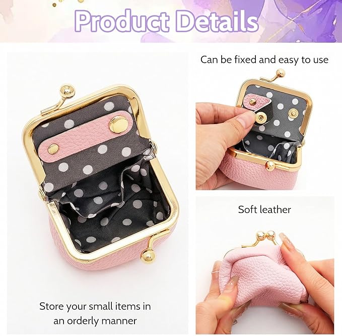 Genuine Leather Mini Jewelry Box Portable Vintage-Inspired Leather Small Coin Purse Jewelry Organizer Case Mini Travel Ring Box with Kiss Lock for Women Earring Ring Necklace