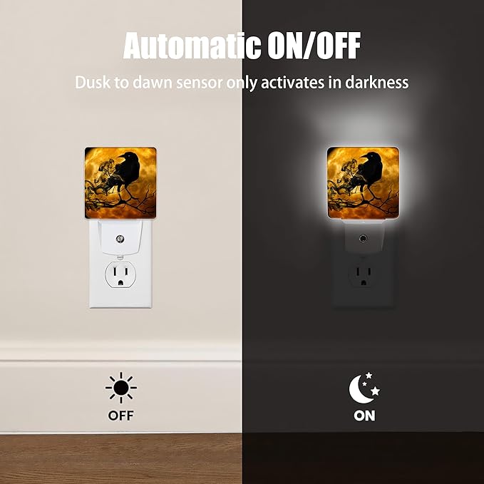 Halloween New Moon Raven Night Light Plug in Wall Lamp Smart Dusk to Dawn Sensor for Home Decorations, Kids Room Bedroom Bathroom Kitchen Hallway Gifts