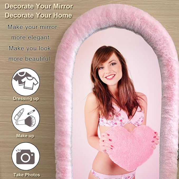 Fluffy Mirror Cover - 59"x16" Full Length Ultra Soft Non-Slip Cover Universal Stretch Cover Warm Home Decor for Bedroom Cloakroom (Pink-Without Mirror)