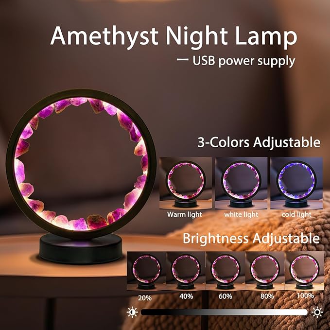 Runyangshi Amethyst Night Lamp 8.6" Natural Healing Crystal Bedside Lamp USB Port 3 Colours Dimming Mode Bedroom Lamp Suitable Night Light for Living Room Bedroom Office Home Decor Ideal Gift
