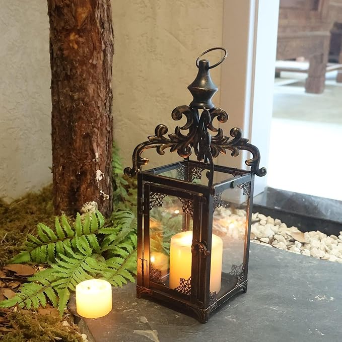 DECORKEY Candle Lantern Decorative Indoor & Outdoor, Large Vintage Metal Hanging/Tabletop Lanterns for Patio, Front Porch, Rustic Home Decor, Candle Holders for Christmas Decorations (Bronze)