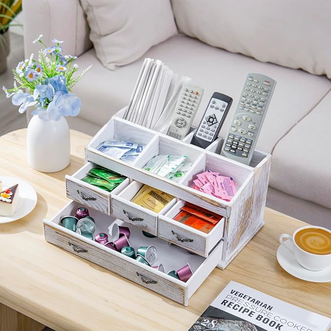 MyGift 7-Compartment Shabby Whitewashed Solid Wood Jewelry/Cosmetics Vanity Organizer Rack with 4 Vintage Storage Drawers