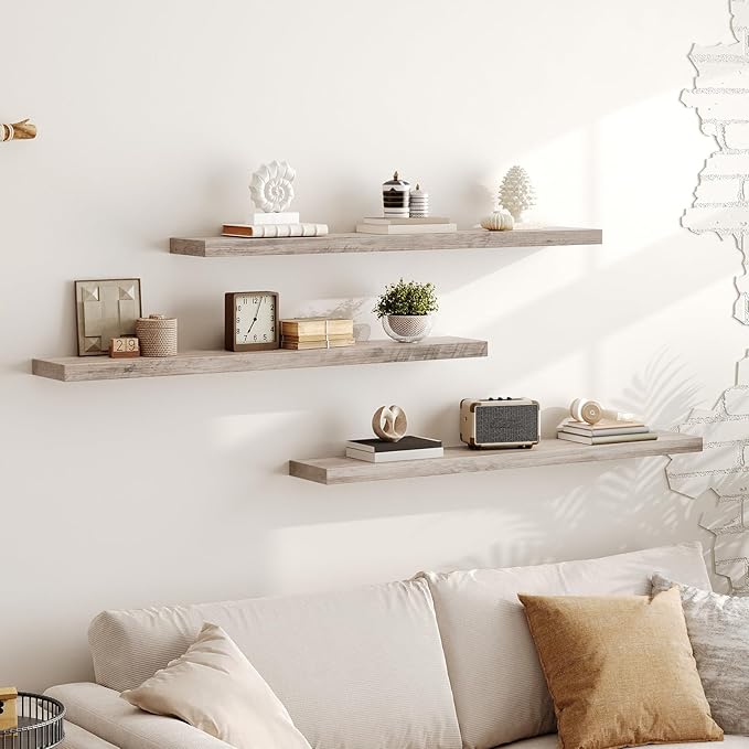 RALGEND Floating Shelves for Wall, 1.5" Thick Wall Shelf Set of 3 with Invisible Brackets, L47.2 x W7.9 Hanging Book Shelves Farmhouse Home Decor for Bathroom, Living Room, Bedroom, Greige 12301BJP3BG