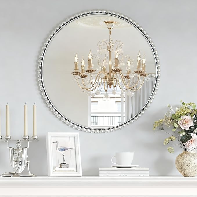 Uniclinens Beaded Round Wall Mirror 31.5" - Large Vintage Mirror Wall Decor with Metal Frame, Ideal for Entryway, Fireplace, Living Room, Hallway, Bathroom, Silver