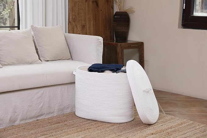 22"x14"x18" Rectangular Extra Large Storage Basket With Lid, Large Cotton Rope Storage Basket, Woven Laundry Hamper, Cloth Storage Bin, for Clothes Towels Blankets in Living Room, All White