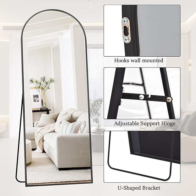 Rowjut Full Length Mirror Arched Floor Length Mirrors, 71"x26" Large Full Body & with Stand & Arch Wall Mounted & Standing Mirror for Bedroom Living Room, Aluminum Frame, Black