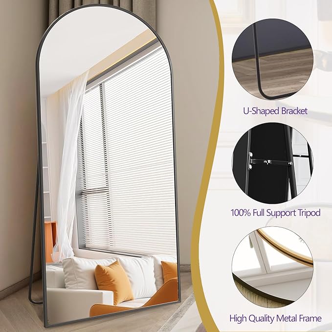Prywot Arched Full Length Mirror, 71"x30" Free Standing Floor Mirror, Modern Full Body Mirrors with Stand, Wall Mirrors with Aluminum Alloy Frame for Bedroom,Living Room, Black