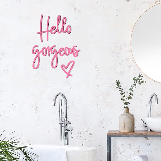 Blulu Hello Gorgeous Wall Decor Sign Hello Gorgeous Wall Art Minimalist Wooden Words Decor for Lash Room, Salon, Vanity or Makeup Room, Bathroom, Bedroom, Office(Pink)